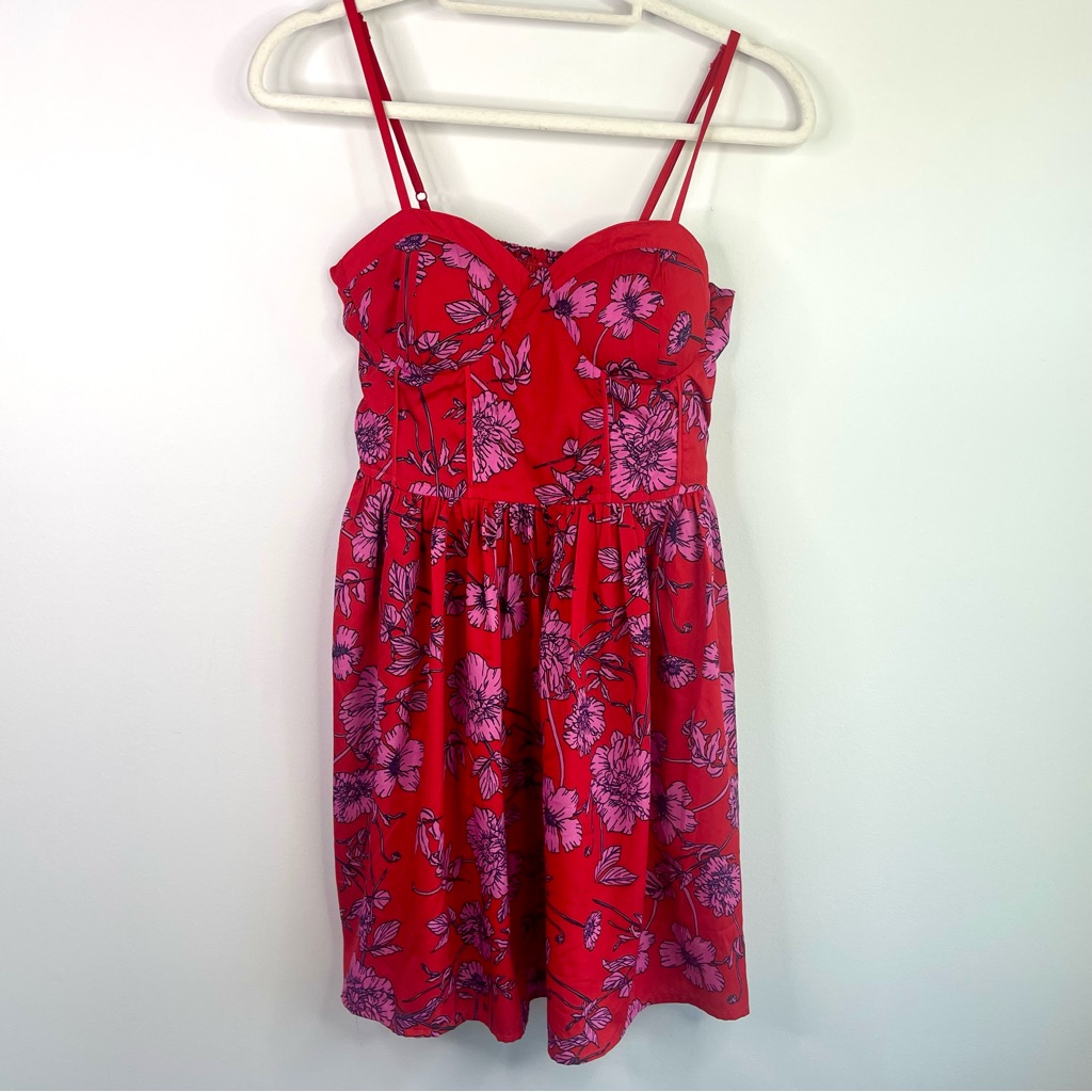 Band Of The Free Red Floral Bustier Mini Dress With Spaghetti Straps Size M